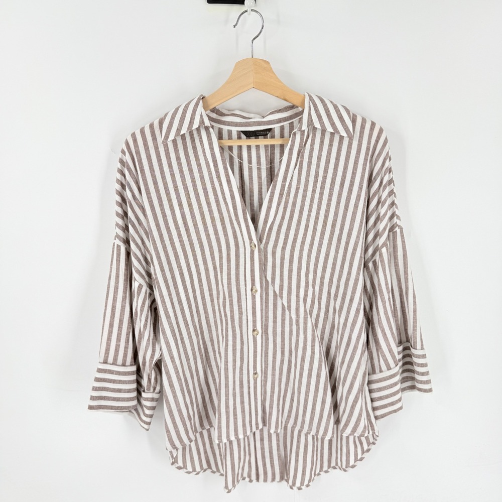 Zara Striped V-Neck Top Brown XS Linen Blend Oversized Coastal Oversized Earthy